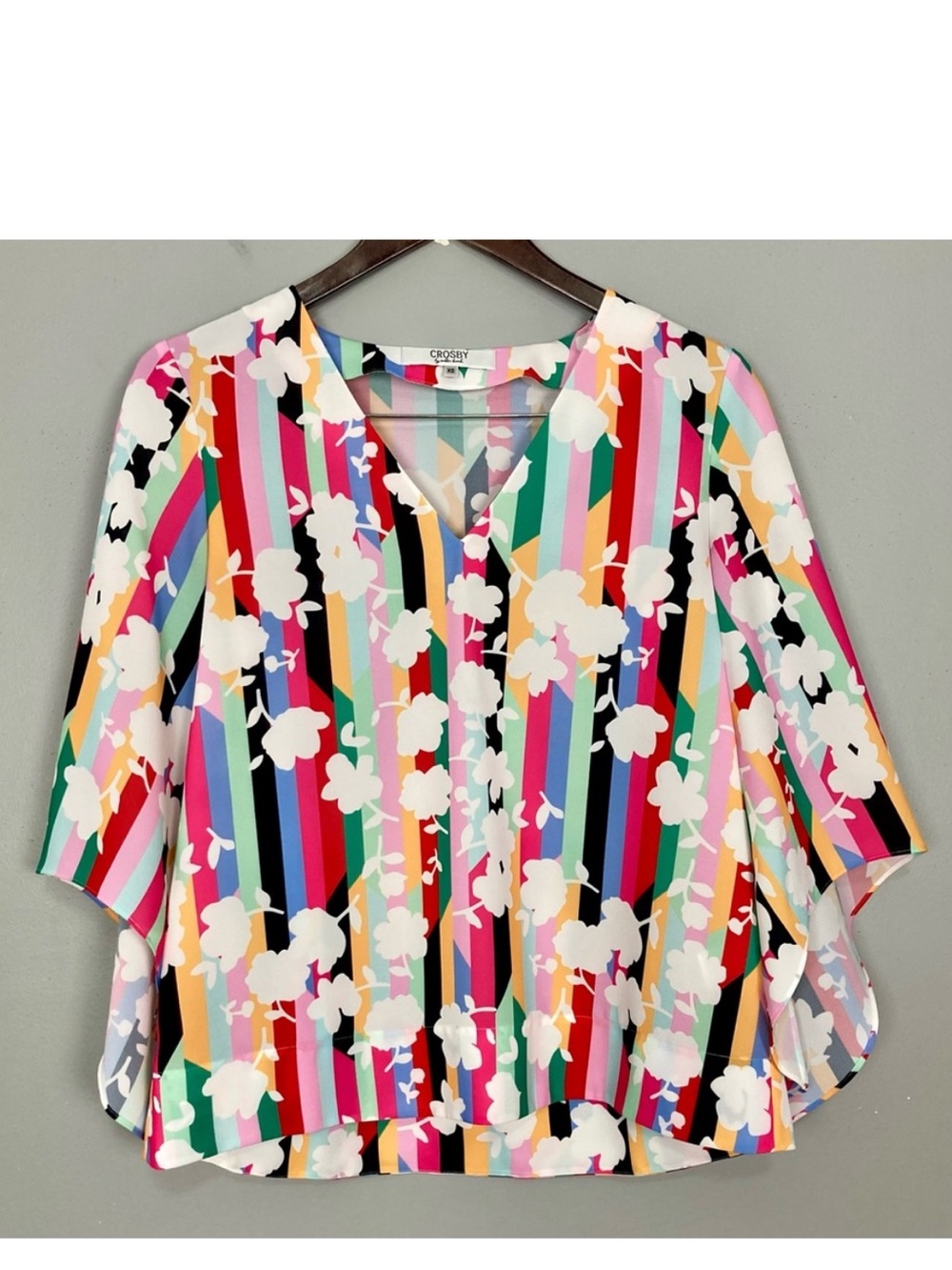 Crosby by Mollie Burch Blouse Women’s Size XS Floral Stripe Colorful Bell Sleeve